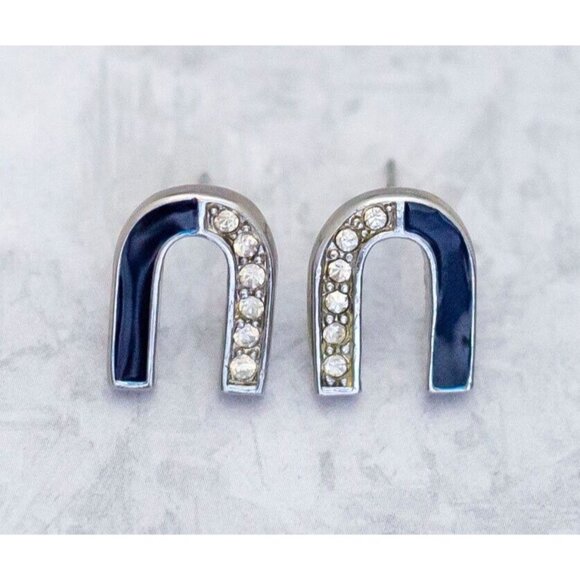 Vintage Letter U Two Tone Blue Silver Stud Earrings | CD1 - Picture 1 of 2